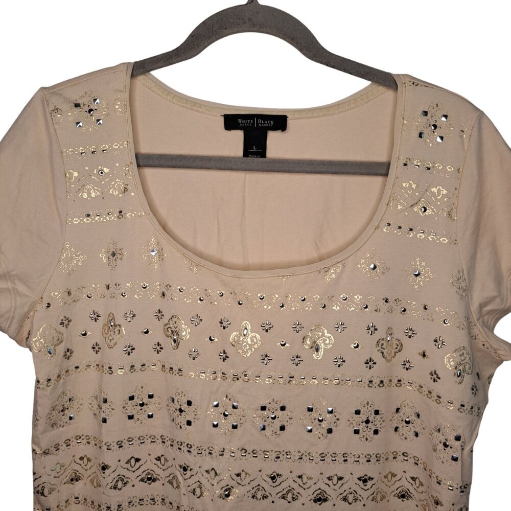 White House Black Market Cream Studded Short Sleeved Top Size Large - Picture 3 of 6